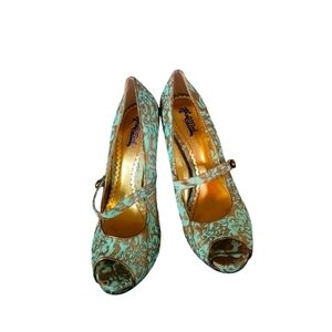 Hale Bob Turquoise Gold Peep Toes Mary Jane Stiletto Heels Sz 9M